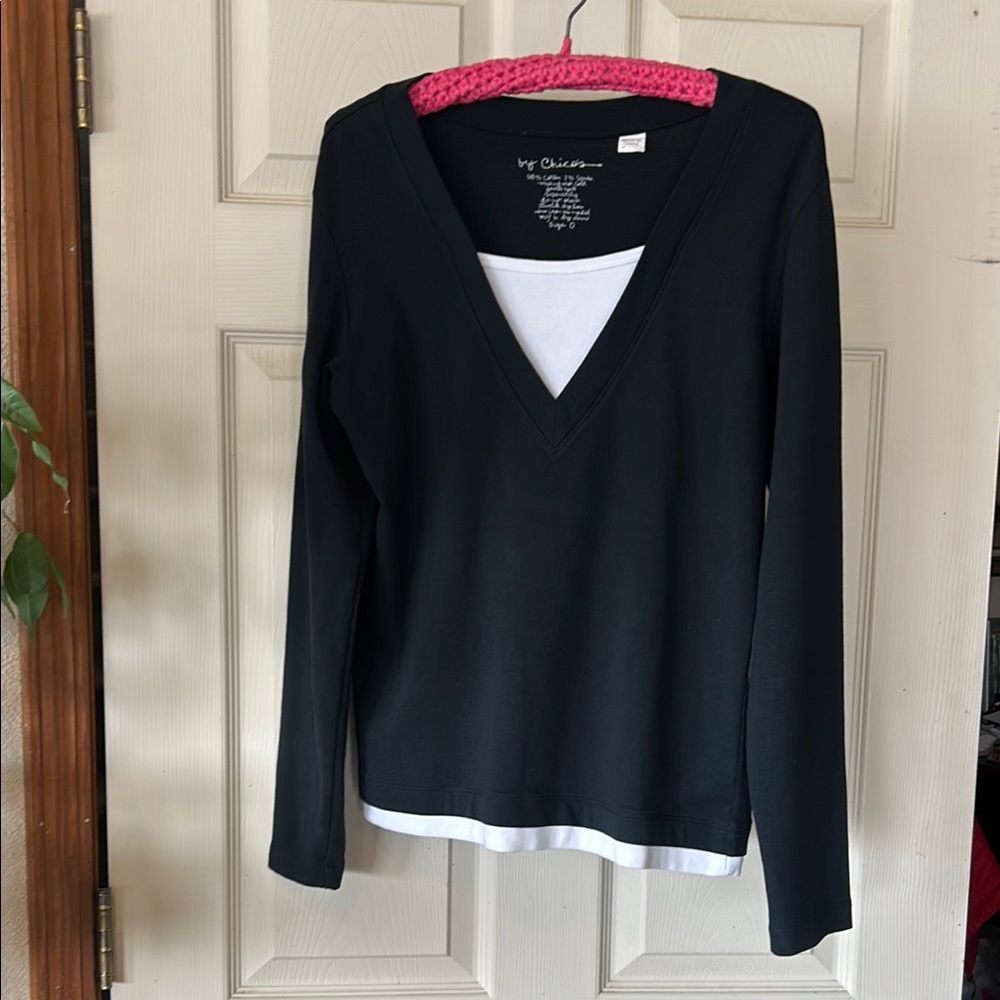 Chicos Black Long Sleeve V-Neck Top with built in T-shirt appearance